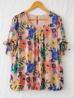 Blousology Floral Tie Front Sleeve Lined Blouse 1X Pink Boho Peasant Vibrant
